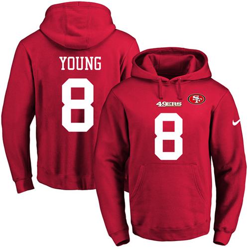 Nike 49ers #8 Steve Young Red Name & Number Pullover NFL Hoodie - Click Image to Close